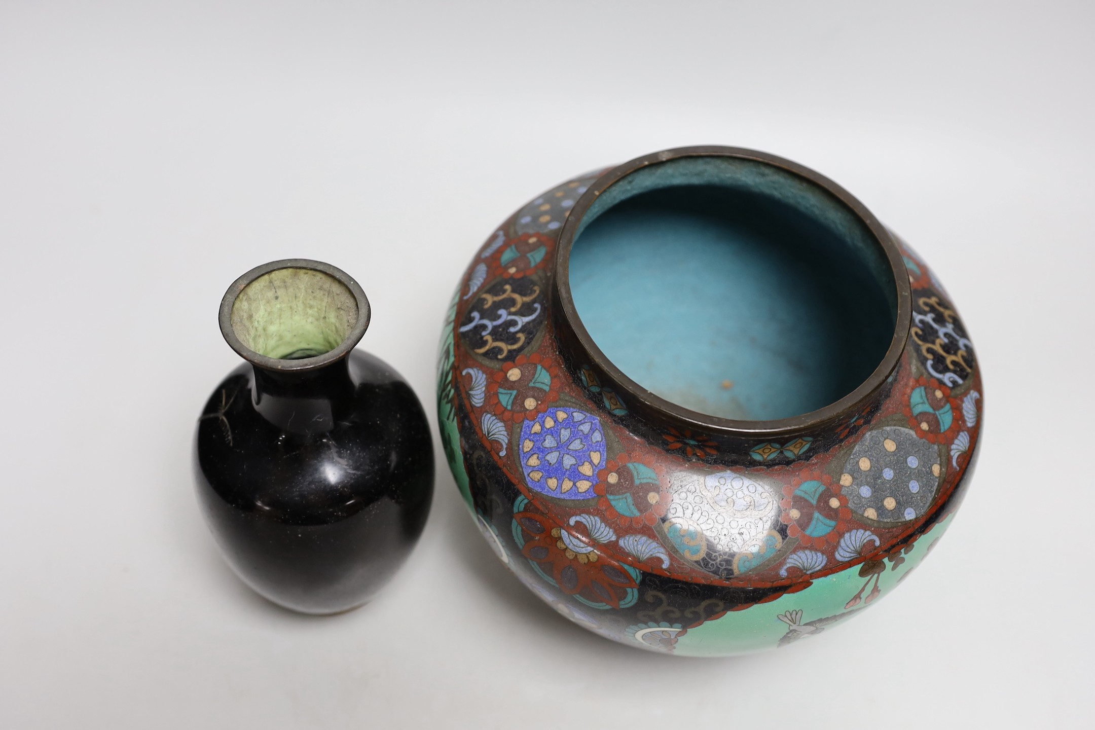 A Japanese cloisonné enamel vase and another smaller vase. Tallest 18cm